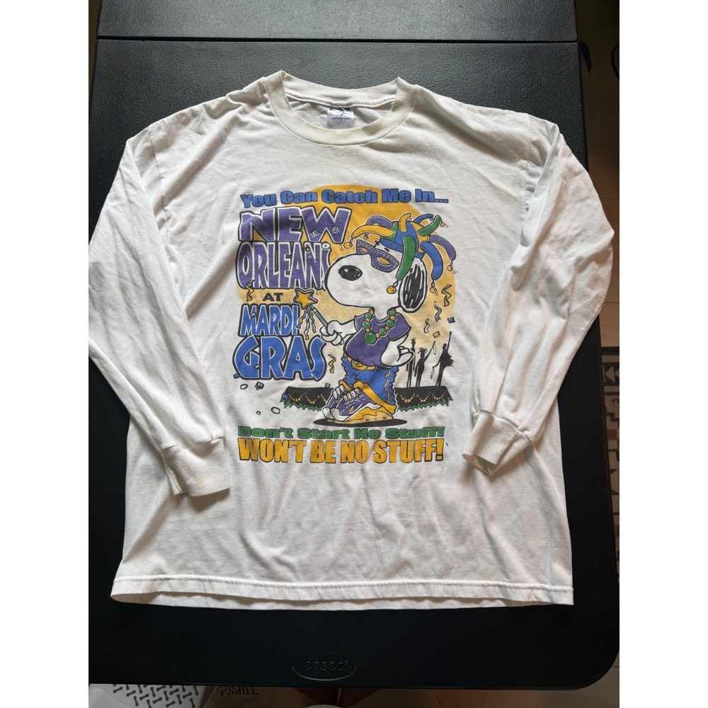 Vintage Jerzees Snoopy New Orleans Mardi Gras Long Sleeve T-Shirt White XL